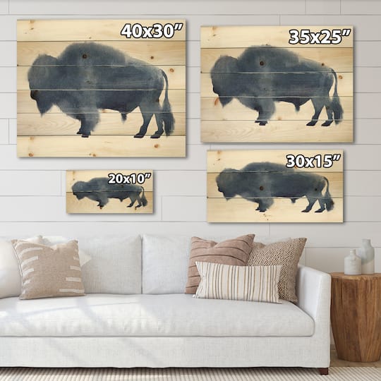 Designart - Navy Blue Bison Silhouette - Farmhouse Print on Natural Pine Wood